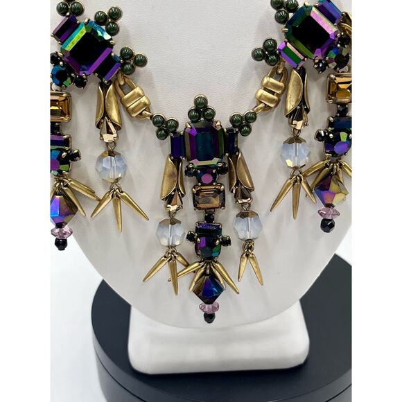 J. Crew Iridescent Dark Purple Green Rhinestone Spear Dangles Bib Necklace - Picture 4 of 9